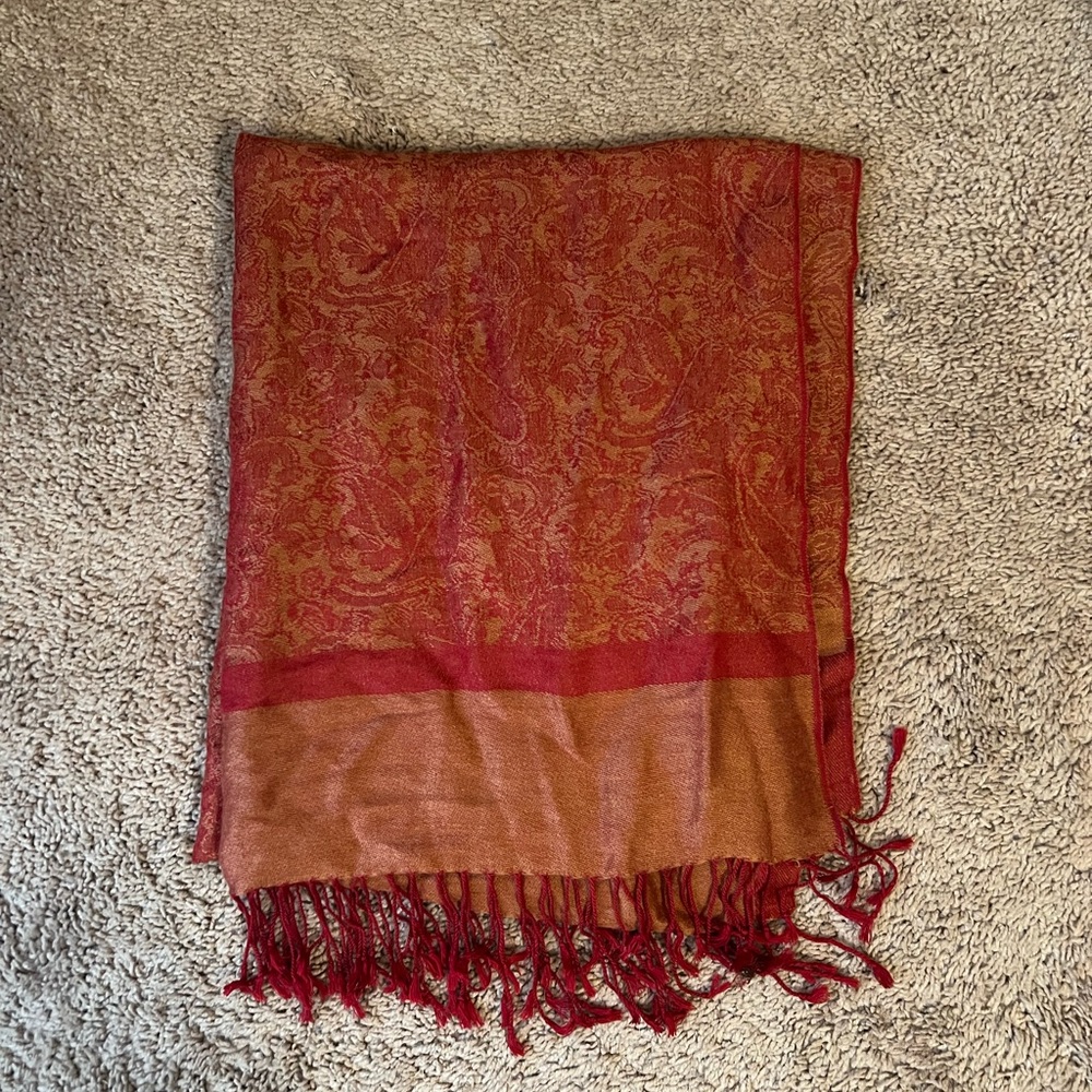Red and Gold Paisley Scarf with Fringe